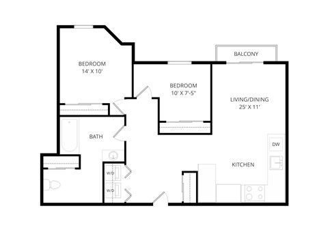 Floor plan for 2 beds, 1 bath, 776 sqft